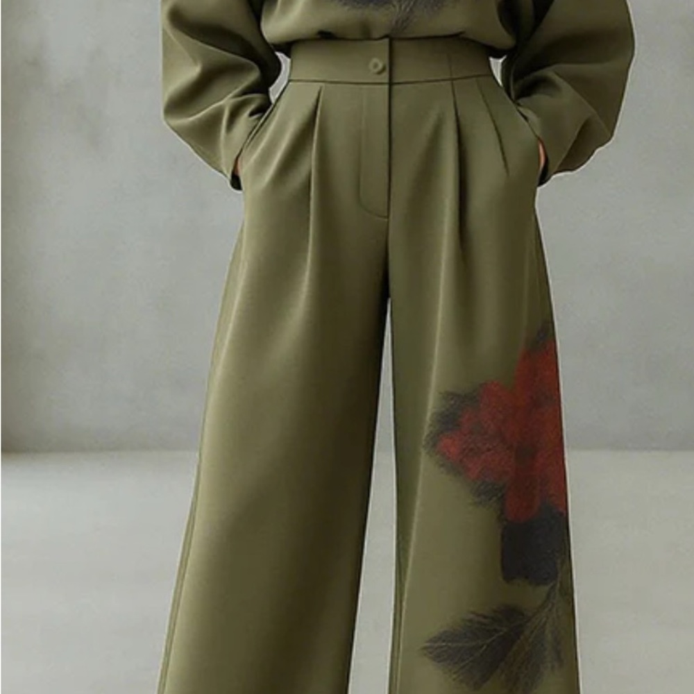 Chic Olive Wide-Leg Pants and Top with Floral Detail